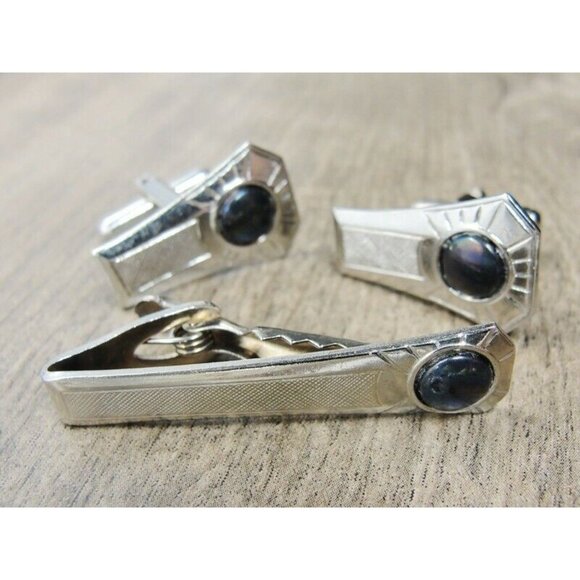 Cufflinks Tie Bar Set Stamped Steel Blue Green Stone Tux Shirt Suit Vintage - Picture 2 of 7